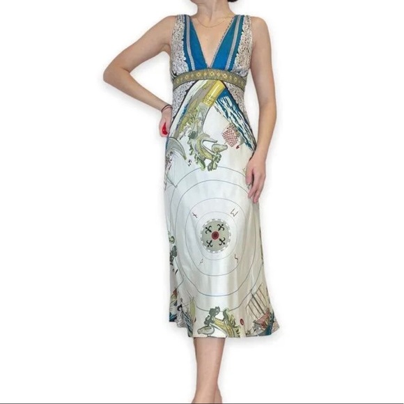 Nicole Miller Collection Print Rhinestone Plunge Neck Silk Midi Dress - Picture 4 of 7